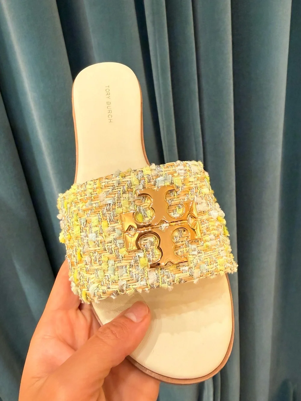 Tory Burch Everly Tweed Flat Slide Sandals Gold Logo Multicolor